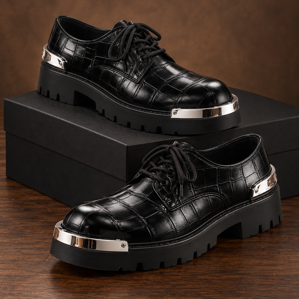 Silvano Croc-Embossed Derby Shoes - black - studio product photograph