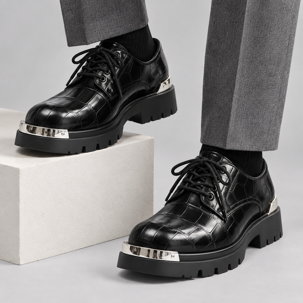 Silvano Croc-Embossed Derby Shoes - black - on-foot styling
