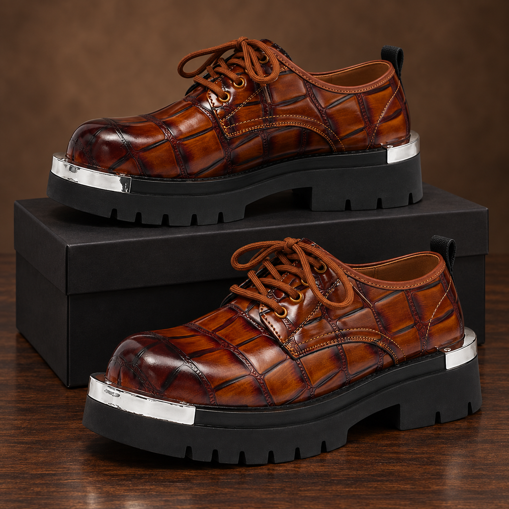Silvano Croc-Embossed Derby Shoes - brown - studio product photograph