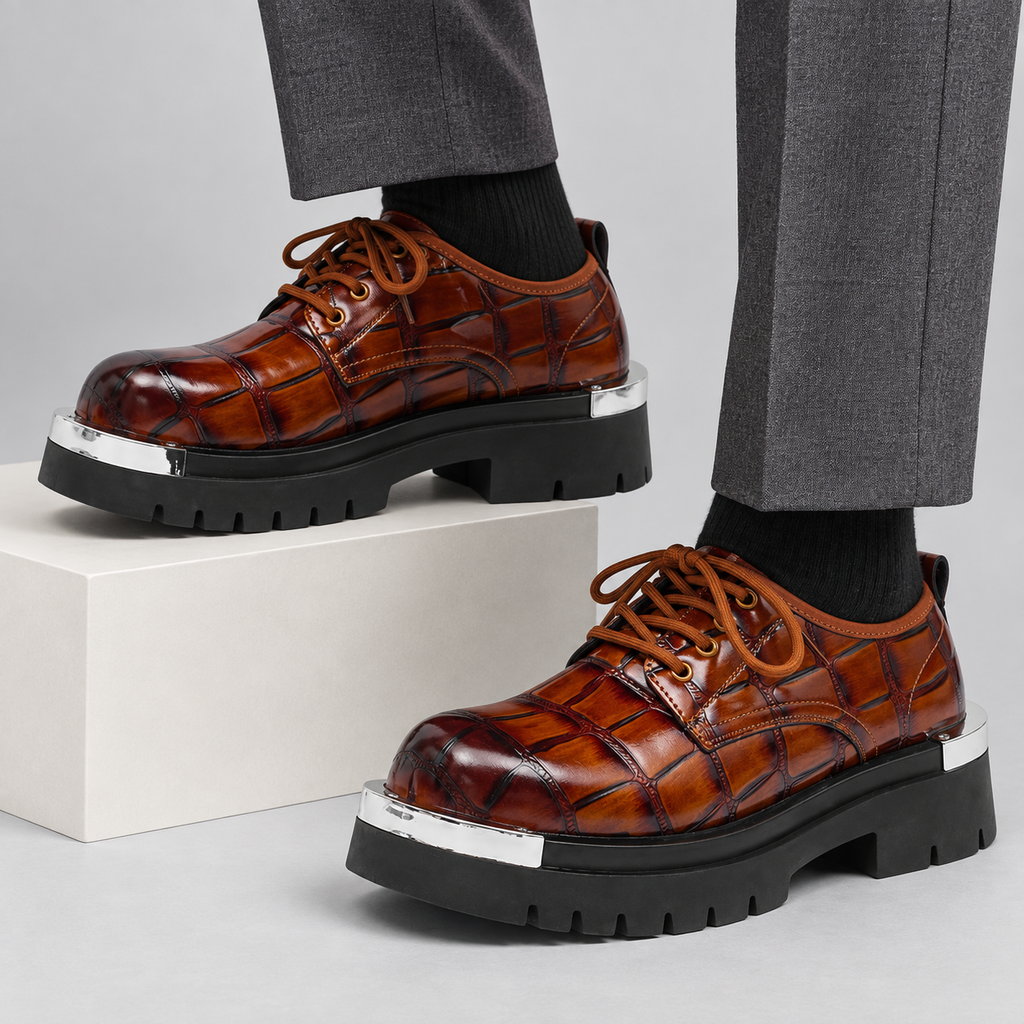 Silvano Croc-Embossed Derby Shoes - brown - on-foot styling