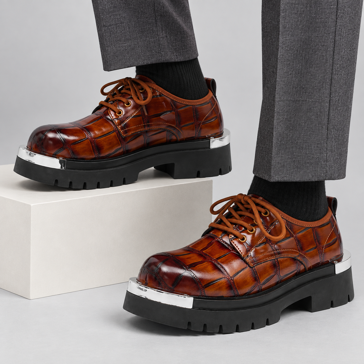 Silvano Croc-Embossed Derby Shoes - brown - on-foot styling